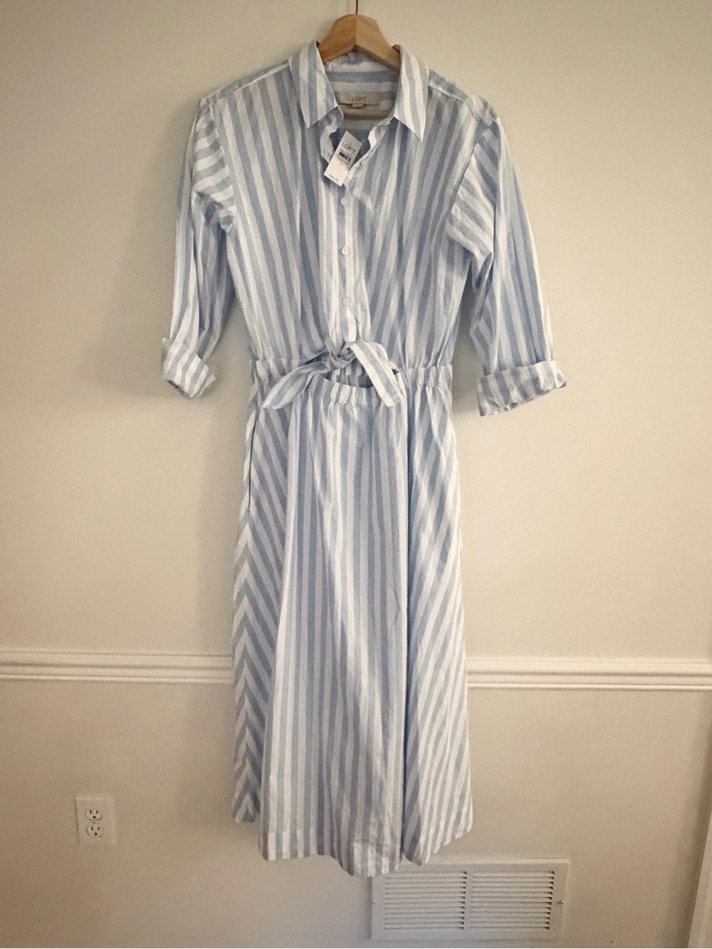 LOFT Light Blue and White Striped Tie-Waist Maxi Shirt Dress